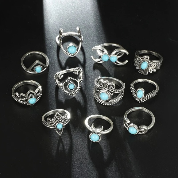 11 Pcs Tribal Silver Turquoise Gem Ring Set - Picture 6 of 16